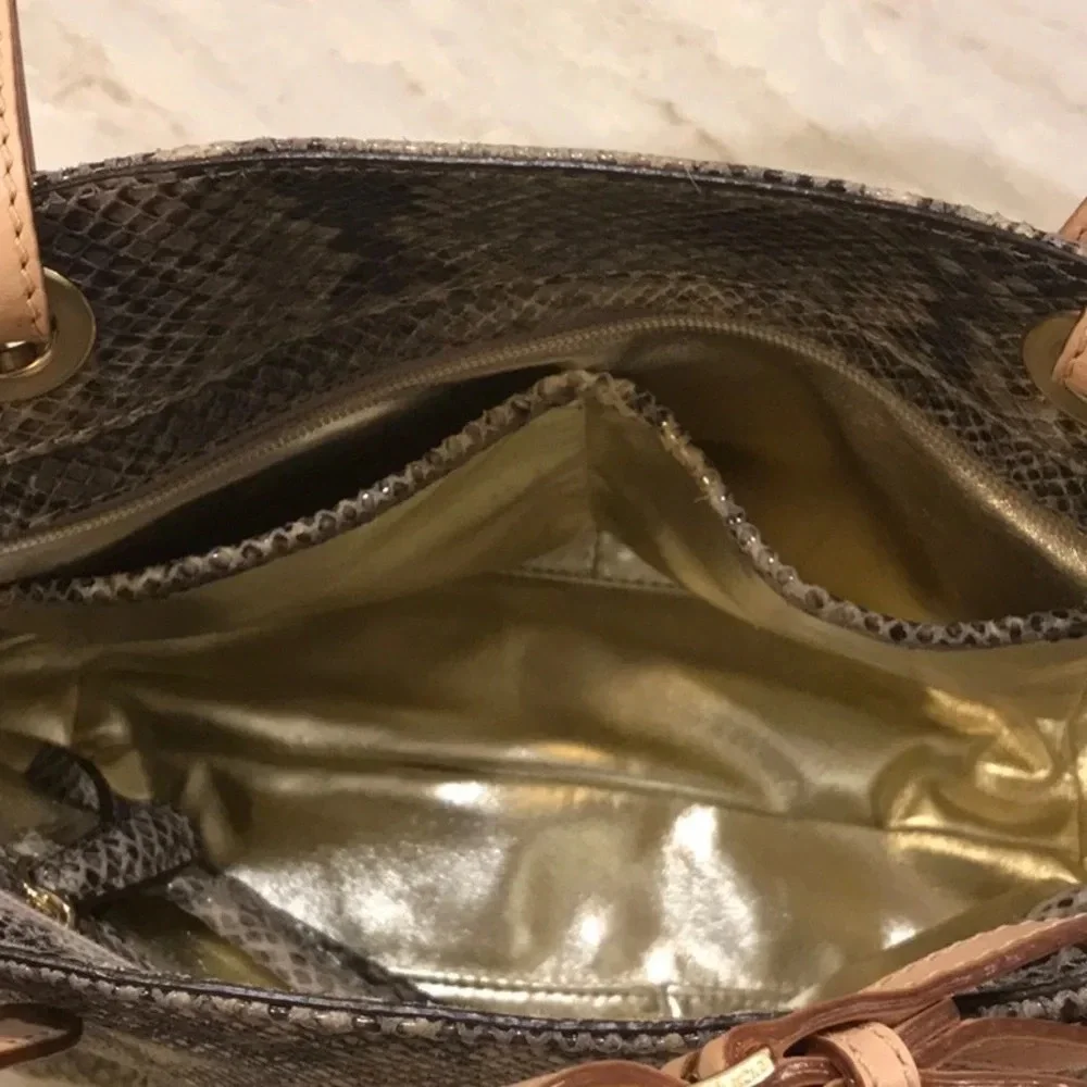 Michael Kors Jet Set Python Embossed Leather Gold Metallic Lined Shoulder Bag